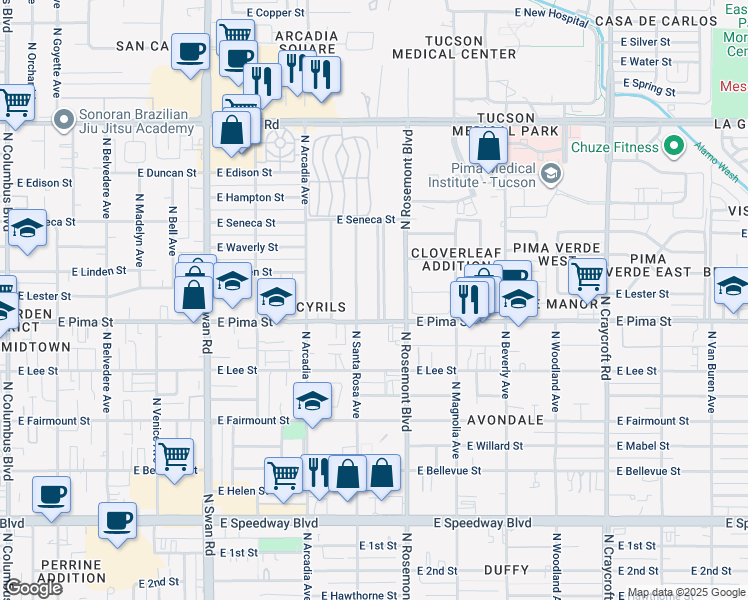map of restaurants, bars, coffee shops, grocery stores, and more near 1726 North Santa Rosa Avenue in Tucson