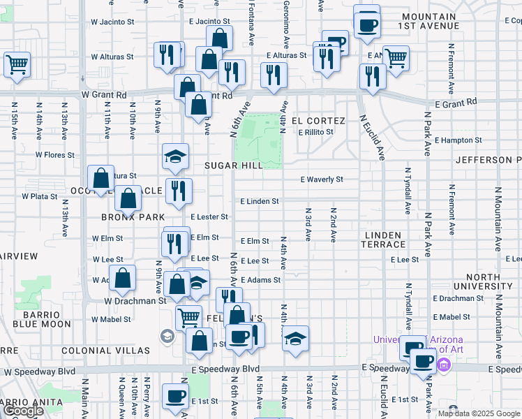 map of restaurants, bars, coffee shops, grocery stores, and more near 1820 North 5th Avenue in Tucson