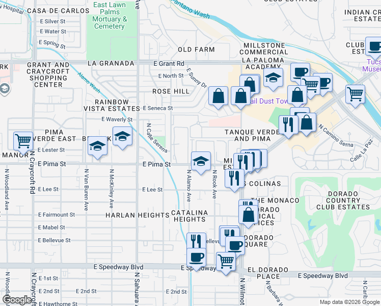 map of restaurants, bars, coffee shops, grocery stores, and more near 6119 East Pima Street in Tucson