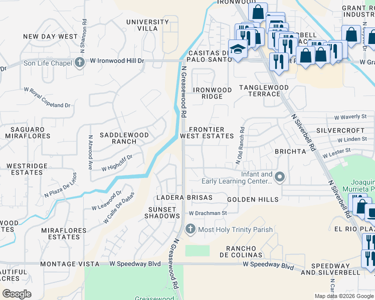 map of restaurants, bars, coffee shops, grocery stores, and more near 2431 West Wagon Wheel Drive in Tucson