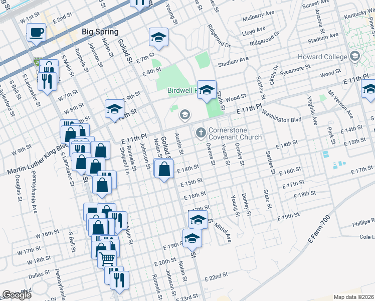 map of restaurants, bars, coffee shops, grocery stores, and more near 1200-1298 Austin Street in Big Spring