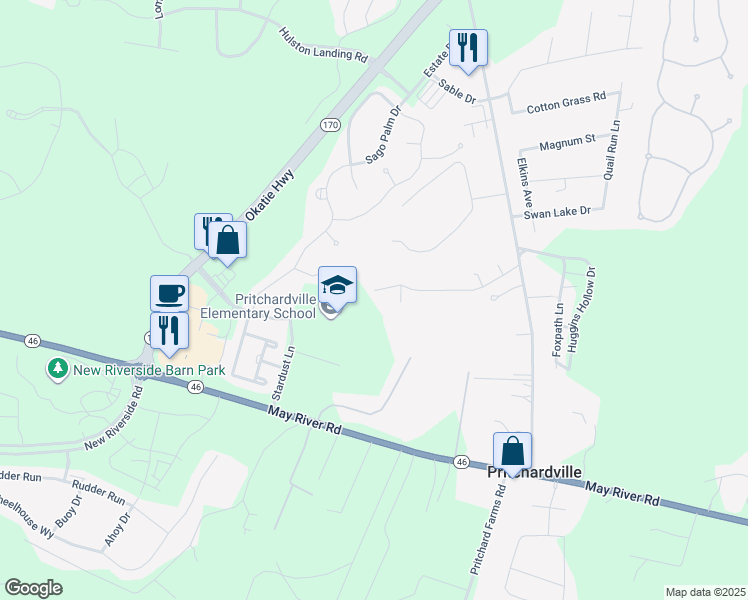 map of restaurants, bars, coffee shops, grocery stores, and more near 43 Rainbow Road in Bluffton