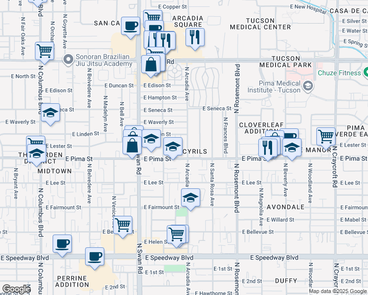 map of restaurants, bars, coffee shops, grocery stores, and more near in Tucson