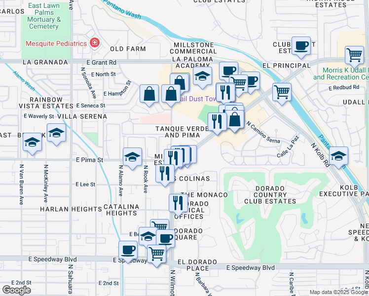 map of restaurants, bars, coffee shops, grocery stores, and more near in Tucson