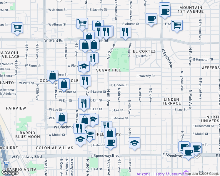 map of restaurants, bars, coffee shops, grocery stores, and more near 201 East Lester Street in Tucson