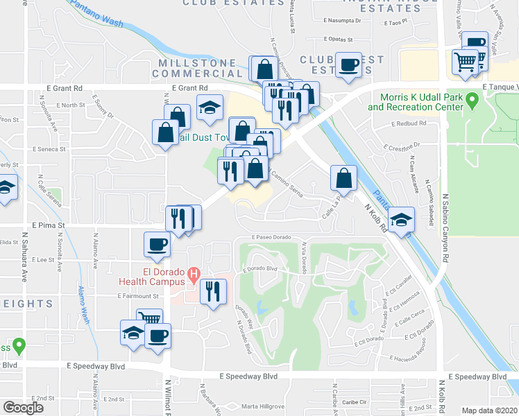 map of restaurants, bars, coffee shops, grocery stores, and more near 6601 Calle La Paz in Tucson