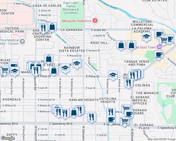 map of restaurants, bars, coffee shops, grocery stores, and more near 5933 East Pima Street in Tucson