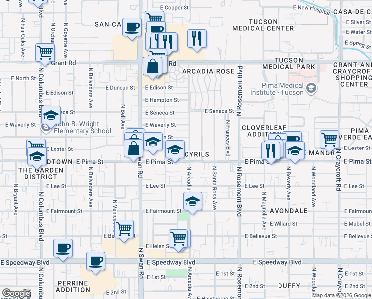 map of restaurants, bars, coffee shops, grocery stores, and more near in Tucson