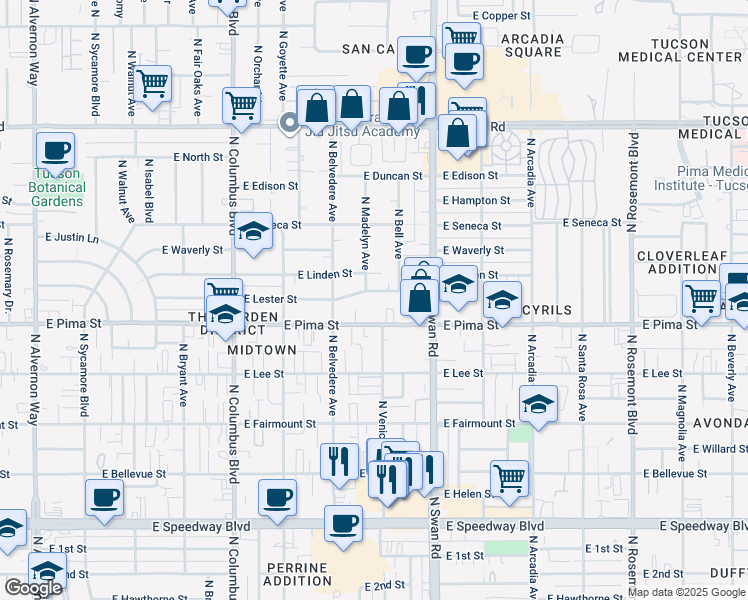 map of restaurants, bars, coffee shops, grocery stores, and more near 4562 East Lester Street in Tucson