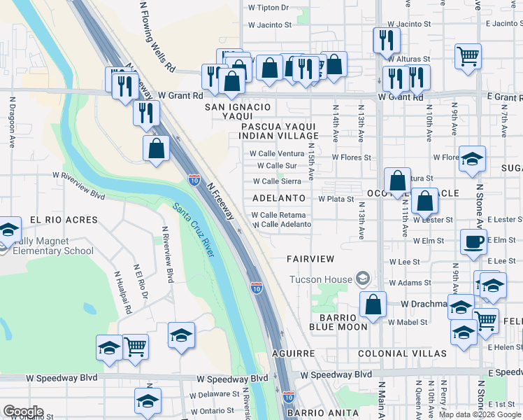 map of restaurants, bars, coffee shops, grocery stores, and more near 819 West Calle Retama in Tucson