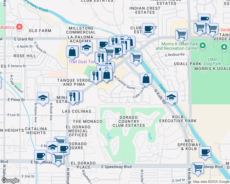 map of restaurants, bars, coffee shops, grocery stores, and more near 6626 East Calle Alegria in Tucson
