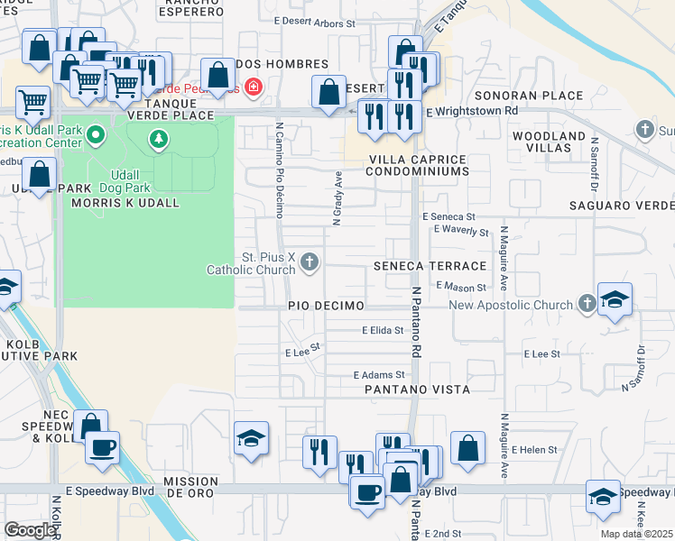 map of restaurants, bars, coffee shops, grocery stores, and more near 7720 East Lester Street in Tucson