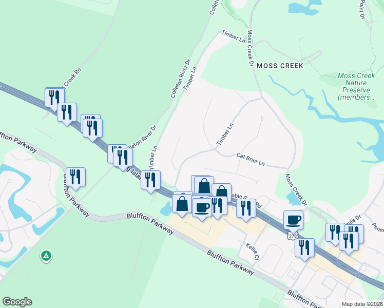 map of restaurants, bars, coffee shops, grocery stores, and more near 39 Timber Lane in Hilton Head Island