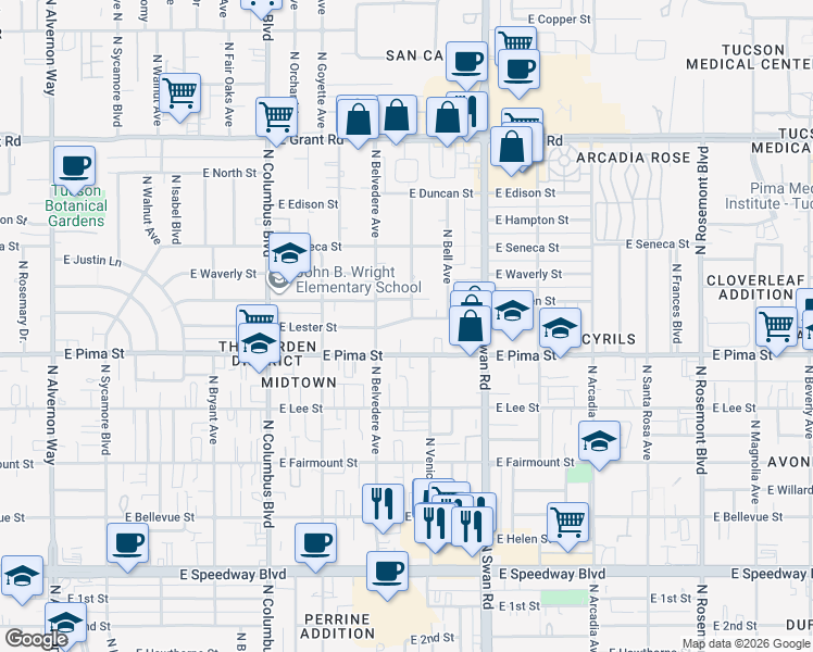 map of restaurants, bars, coffee shops, grocery stores, and more near 4562 East Lester Street in Tucson