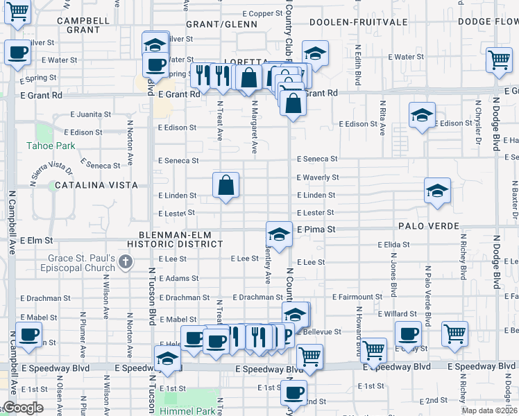 map of restaurants, bars, coffee shops, grocery stores, and more near 2917 East Lester Street in Tucson