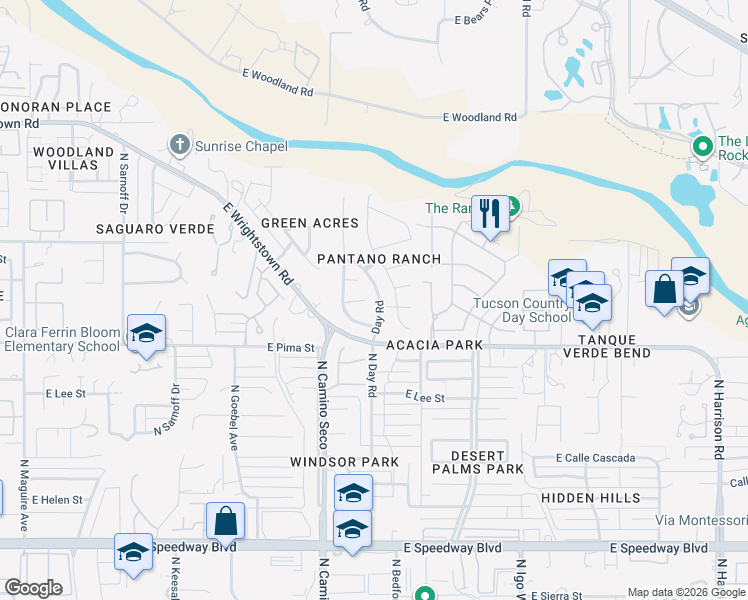 map of restaurants, bars, coffee shops, grocery stores, and more near 8774 East Desert Hibiscus Place in Tucson
