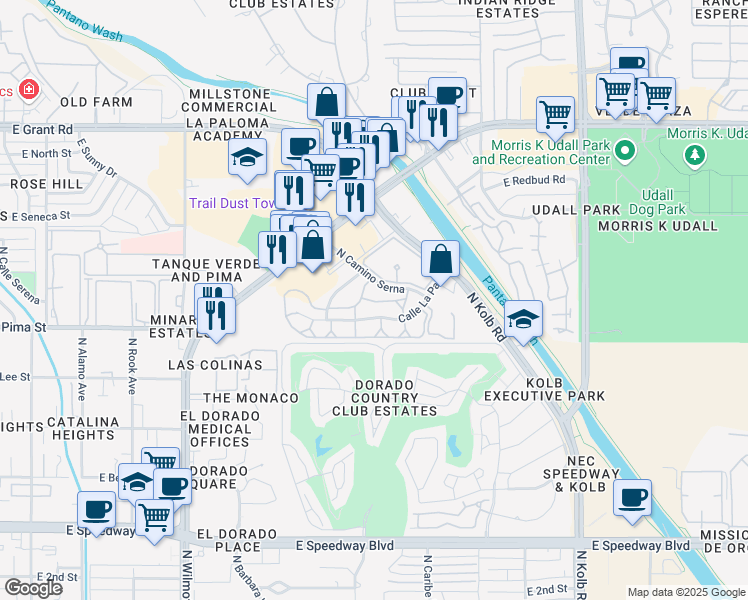 map of restaurants, bars, coffee shops, grocery stores, and more near 6665 Calle La Paz in Tucson