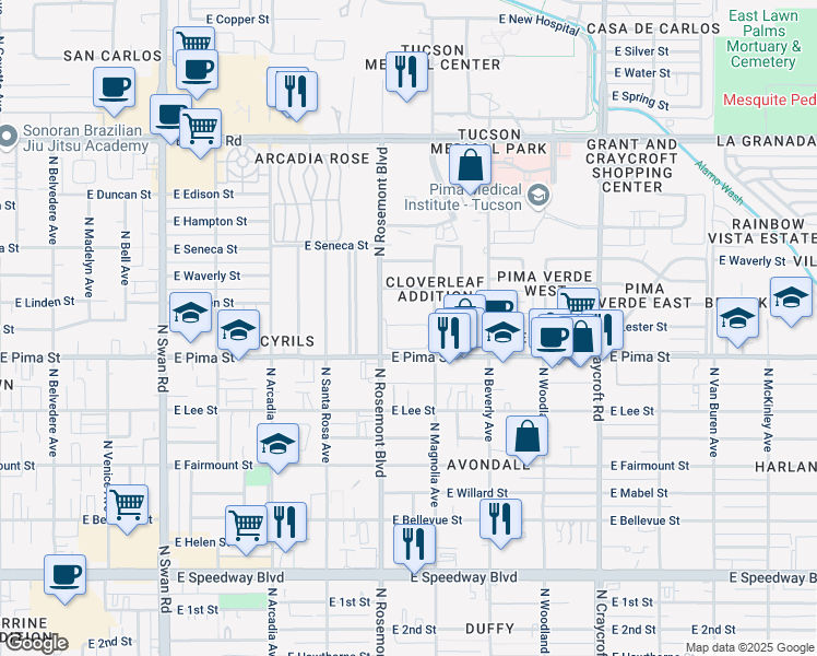 map of restaurants, bars, coffee shops, grocery stores, and more near 5151 E Pima St in Tucson