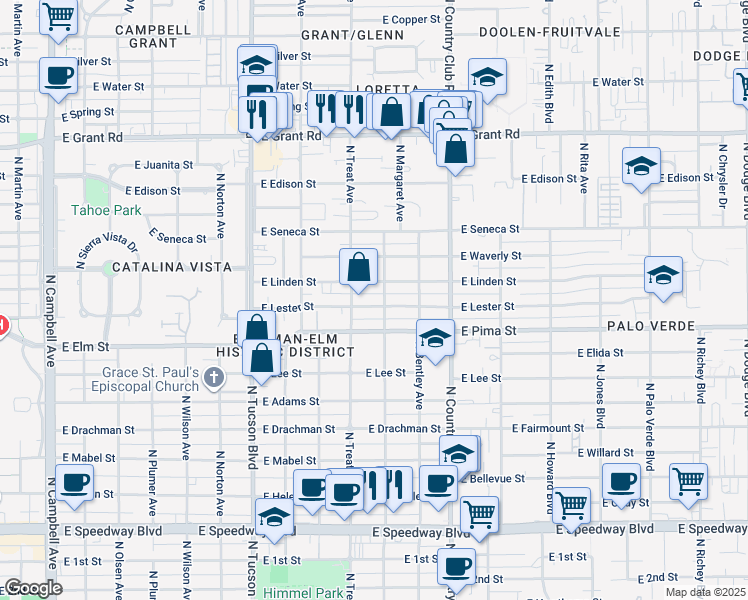 map of restaurants, bars, coffee shops, grocery stores, and more near 2900 East Lester Street in Tucson