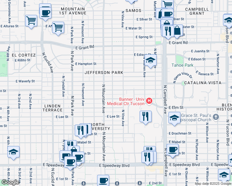 map of restaurants, bars, coffee shops, grocery stores, and more near 1425 East Lester Street in Tucson