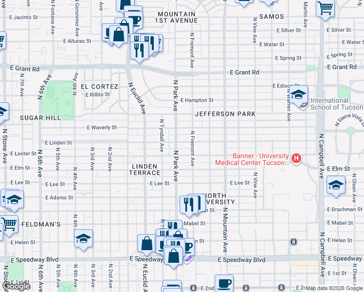 map of restaurants, bars, coffee shops, grocery stores, and more near 1804 North Park Avenue in Tucson