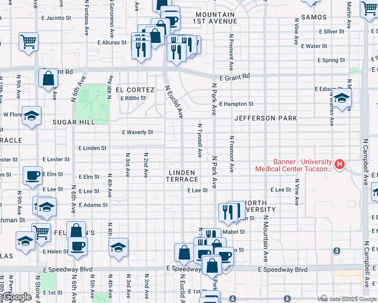 map of restaurants, bars, coffee shops, grocery stores, and more near 803 East Lester Street in Tucson