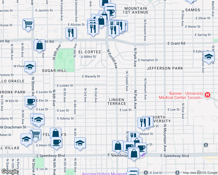 map of restaurants, bars, coffee shops, grocery stores, and more near 711 East Lester Street in Tucson