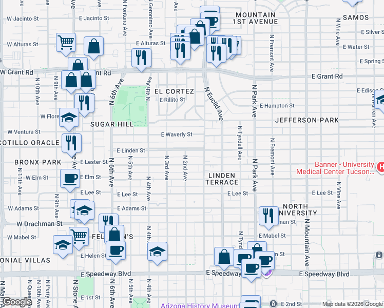 map of restaurants, bars, coffee shops, grocery stores, and more near 605 East Lester Street in Tucson
