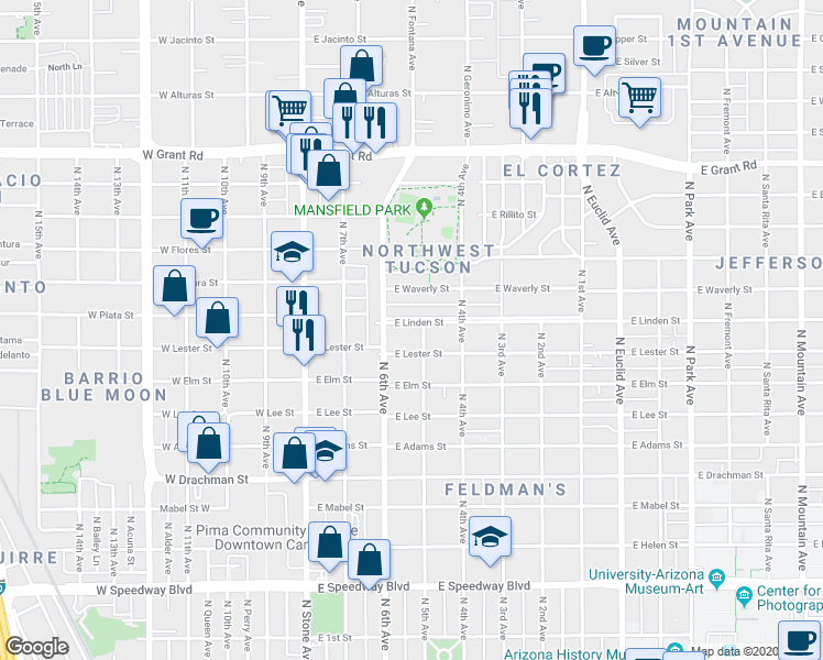 map of restaurants, bars, coffee shops, grocery stores, and more near 1820 North 5th Avenue in Tucson