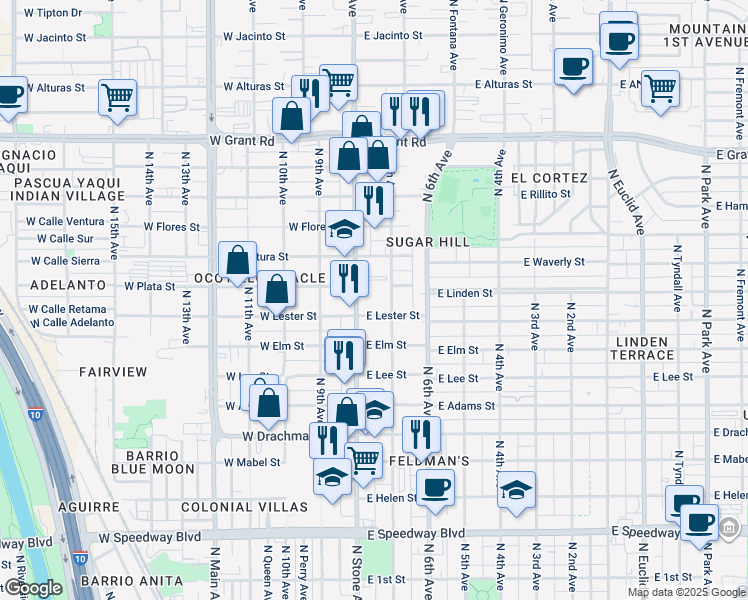 map of restaurants, bars, coffee shops, grocery stores, and more near 1802 North Stone Avenue in Tucson
