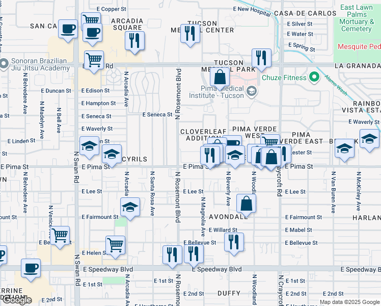 map of restaurants, bars, coffee shops, grocery stores, and more near 5151 East Pima Street in Tucson