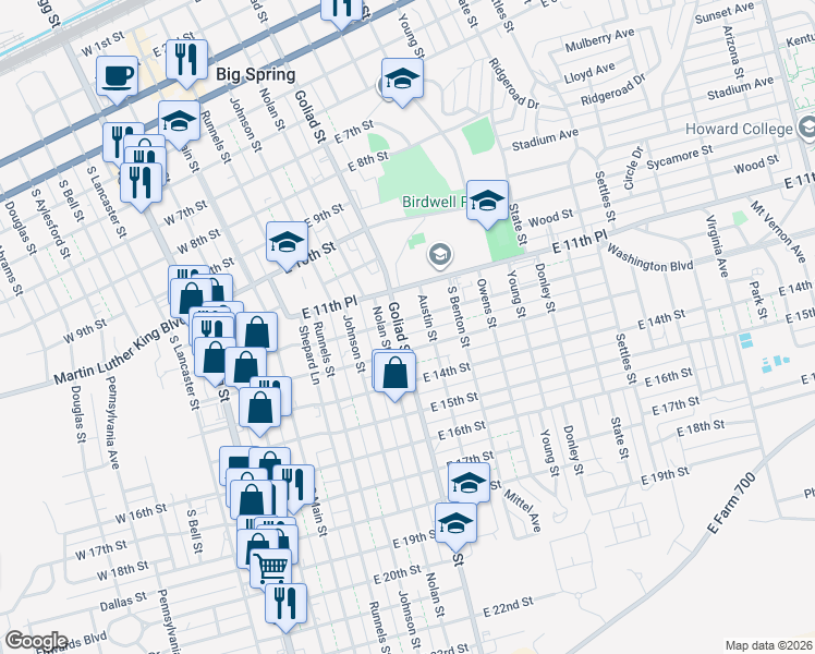 map of restaurants, bars, coffee shops, grocery stores, and more near 1204 Nolan Street in Big Spring