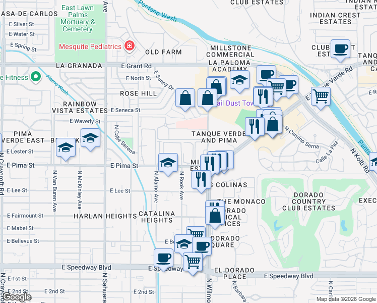 map of restaurants, bars, coffee shops, grocery stores, and more near 6201 East Pima Street in Tucson