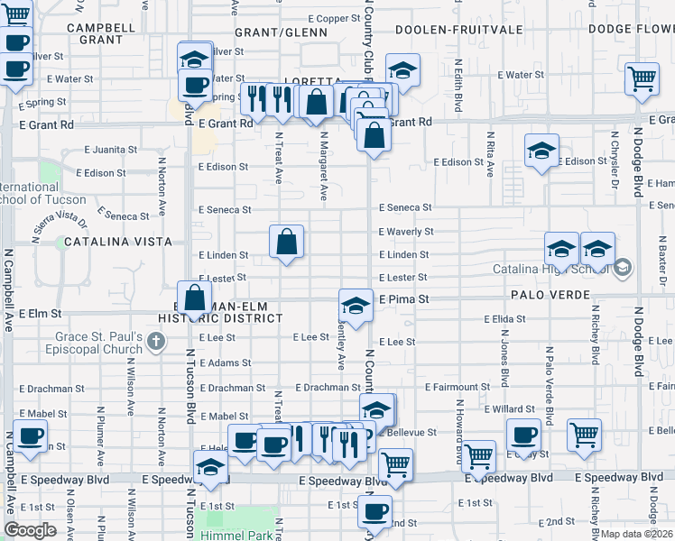 map of restaurants, bars, coffee shops, grocery stores, and more near 3002 East Lester Street in Tucson