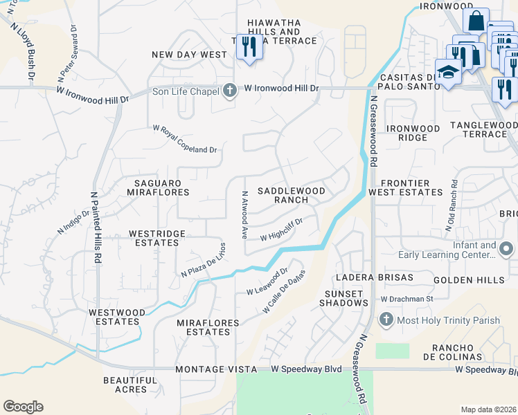 map of restaurants, bars, coffee shops, grocery stores, and more near 2800 West Wagon Wheel Drive in Tucson