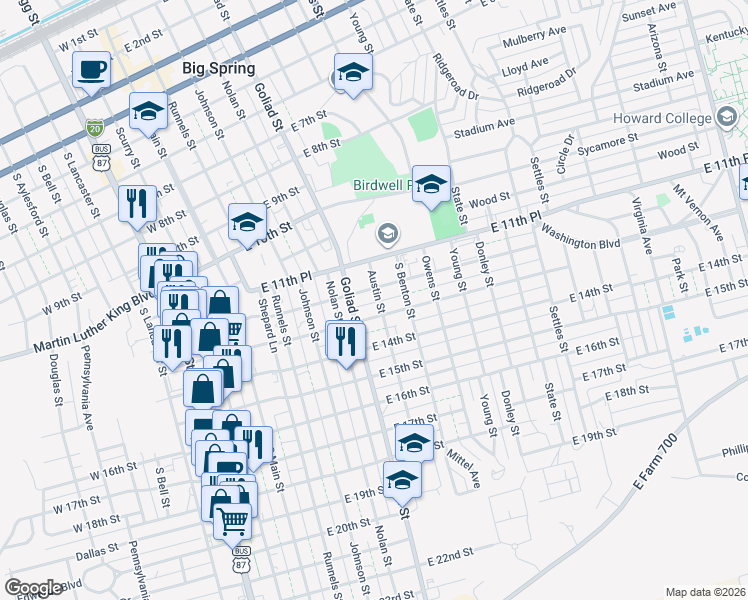 map of restaurants, bars, coffee shops, grocery stores, and more near 1200-1298 Austin Street in Big Spring