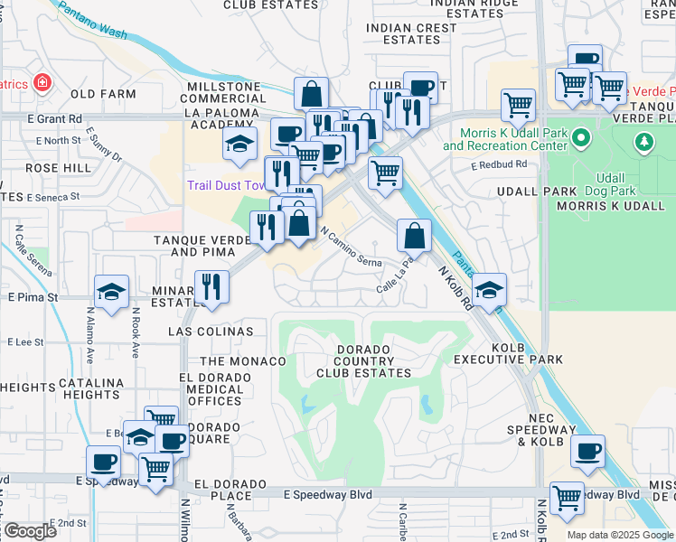 map of restaurants, bars, coffee shops, grocery stores, and more near 6658 East Calle Alegria in Tucson