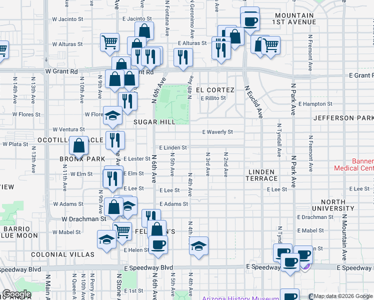 map of restaurants, bars, coffee shops, grocery stores, and more near 1853 North 4th Avenue in Tucson