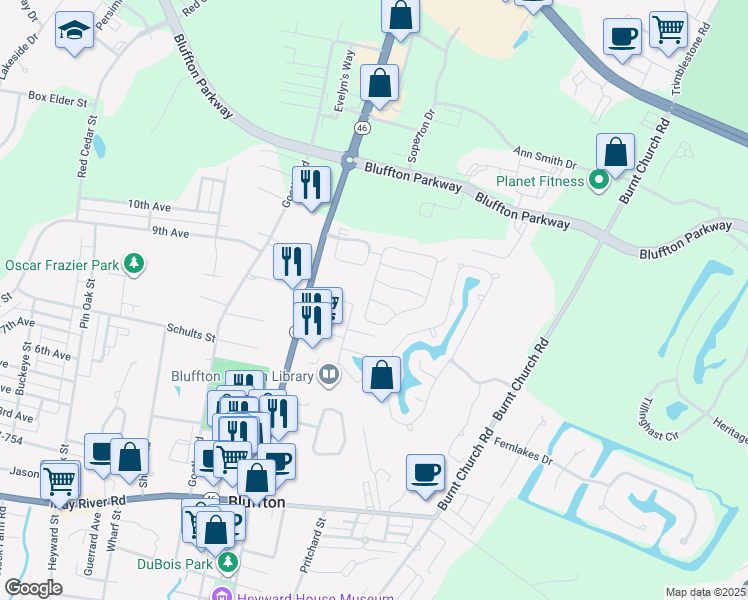 map of restaurants, bars, coffee shops, grocery stores, and more near 330-354 Shady Glen Circle in Bluffton