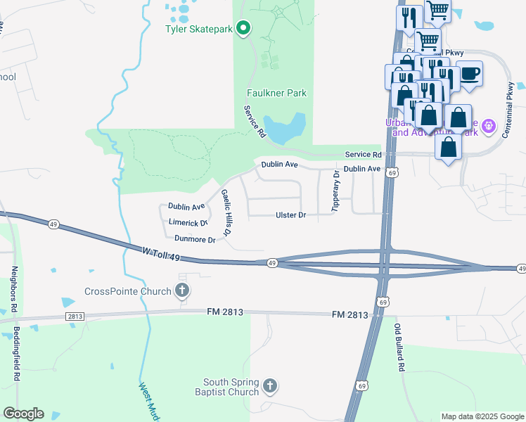 map of restaurants, bars, coffee shops, grocery stores, and more near 425 Ulster Drive in Tyler