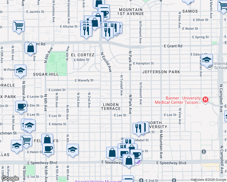 map of restaurants, bars, coffee shops, grocery stores, and more near 808 East Linden Street in Tucson