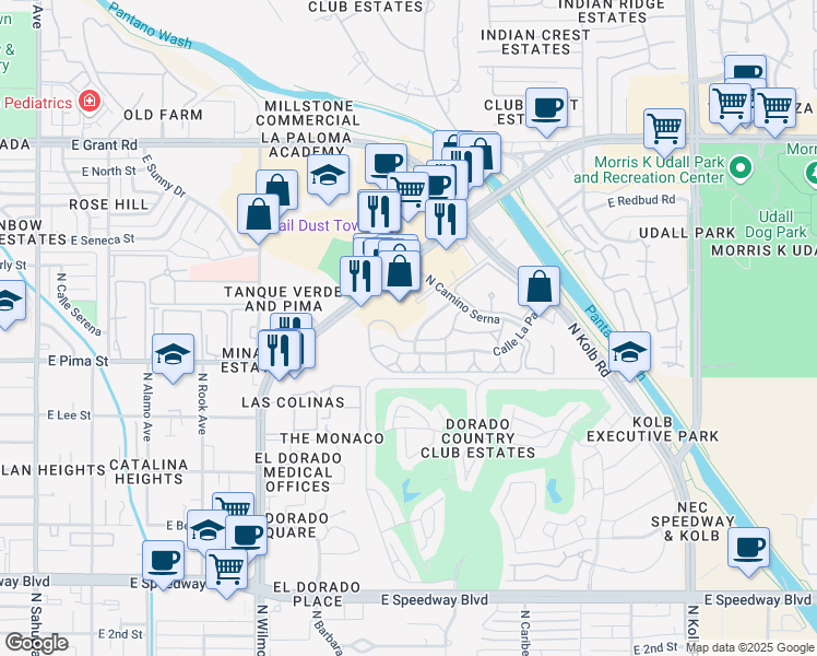 map of restaurants, bars, coffee shops, grocery stores, and more near 6601 Calle La Paz in Tucson