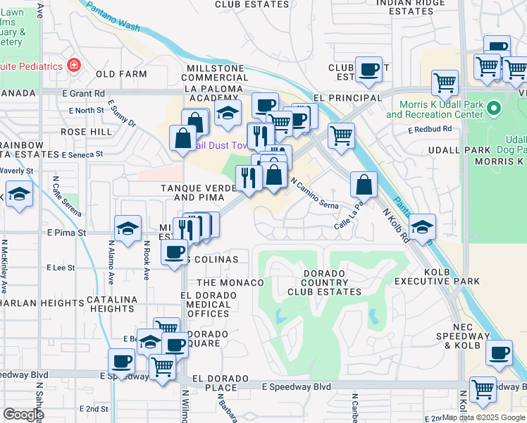 map of restaurants, bars, coffee shops, grocery stores, and more near 6557 Calle La Paz in Tucson