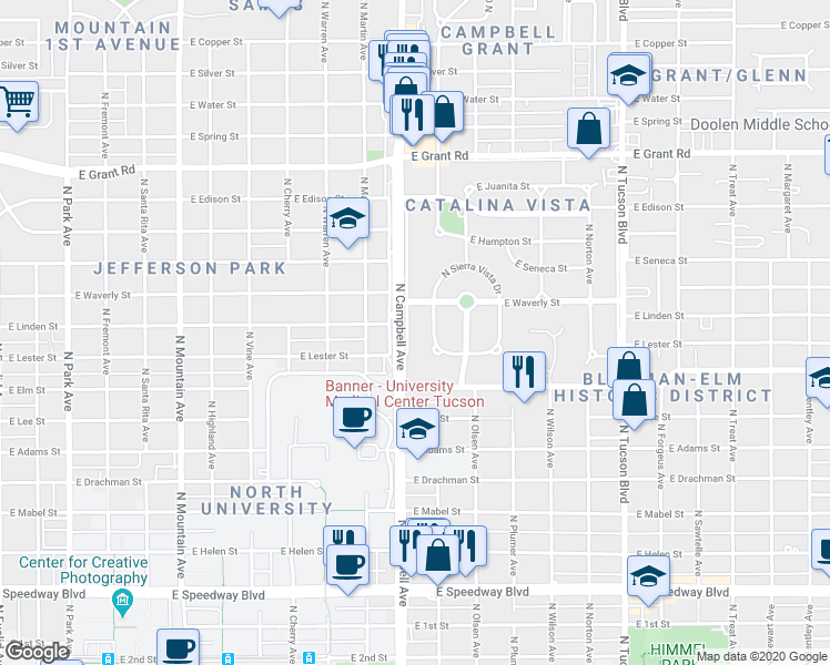 map of restaurants, bars, coffee shops, grocery stores, and more near 295 North Sierra Vista Drive in Tucson