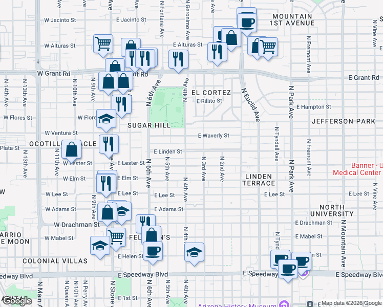 map of restaurants, bars, coffee shops, grocery stores, and more near 1806 North 4th Avenue in Tucson