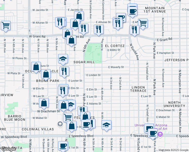 map of restaurants, bars, coffee shops, grocery stores, and more near 1820 North 5th Avenue in Tucson