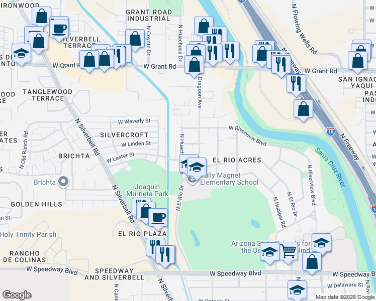 map of restaurants, bars, coffee shops, grocery stores, and more near 1740 West Lester Street in Tucson