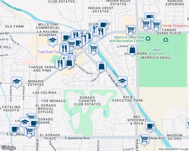map of restaurants, bars, coffee shops, grocery stores, and more near 6785 Calle La Paz in Tucson