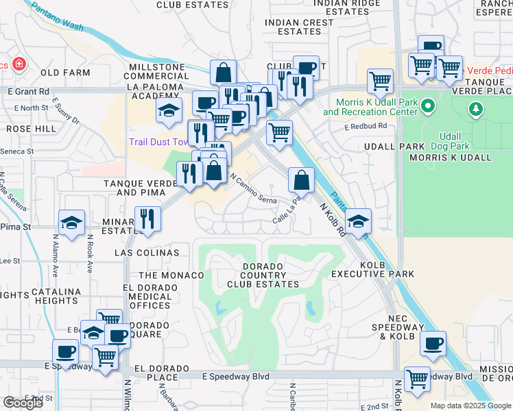 map of restaurants, bars, coffee shops, grocery stores, and more near 6665 Calle La Paz in Tucson