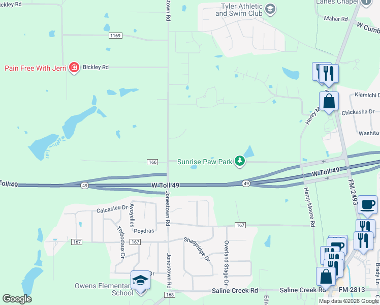 map of restaurants, bars, coffee shops, grocery stores, and more near 11636 County Road 166 in Tyler